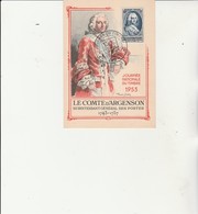 JOURNEE DU TIMBRE 1953- CARTE MAXI 1ER JOUR - LE COMTE D'ARGENSON -CAD ILLUSTRE LYON -COTE :20 € - 1950-1959