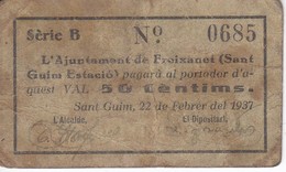 BILLETE DE 50 CENTIMOS DEL AJUNTAMENT DE FREIXANET (SANT GUIM ESTACIO) 22 FEBRERO 1937 (BANKNOTE) - Otros & Sin Clasificación