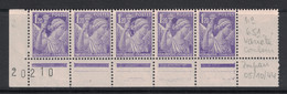 BELLE VARIÉTÉ Sur IRIS N° 651 NEUF ** : " IMPRESSION + FONCÉE EN ARRIÈRE-PLAN " EN BANDE DE 5 TIMBRES - 1939-44 Iris