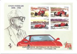 Ferrari Enzo 1898 - 1988, Milano Esposizione Mondiale Di Filatelia 26.10.1998 Giornata Della Ferrari, Poste Italiane. - Sportifs