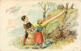 Pâques, Cp Pionnière (avant 1904) 2 Enfants Et Un Lièvre Qui Fait Glisser Des Oeufs Sur Une Planche Toboggan - Pasqua