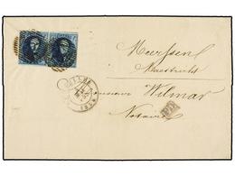 25 BELGICA. Of.7 (2). 1855. BRUXELLES To MASTRICHT (Holland). Folded Letter Franked With Pair Of <B>20 Cts.</B> Blue, Co - Autres & Non Classés