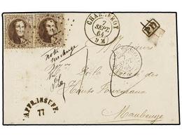 40 BELGICA. Of.14 (2). 1864. CHARLEROI To MAUBEUGE (France). Envelope Franking With Two <B>10 Cts.</B> Brown Stamps <B>B - Autres & Non Classés