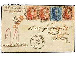 46 BELGICA. Of.15, 16 (3). 1863. LOUVAIN To LEBANON (Kentucky, U.S.A.). Envelope Franked With <B>20 Cts.</B> Blue And Th - Autres & Non Classés