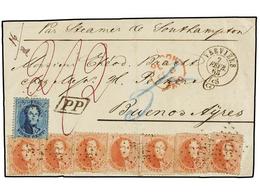 48 BELGICA. Of.15, 16 (7). 1865. <B>FRONT ONLY</B>. VERVIERS To BUENOS AIRES (Argentina), Franked With <B>20 Cts.</B> Bl - Other & Unclassified