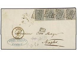 51 BELGICA. Of.17 (4). 1866. LIEGE To NAPOLI (Italy). Folded Letter Franked With Strip Of Four, Tied By <B>217 Grill</B> - Other & Unclassified