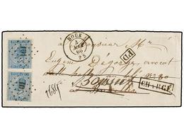 52 BELGICA. Of.18 (2). 1866. DOUR To BRUXELLES And Redirected To BOUSSU. Envelope Franked With Two <B>20 Cts.</B> Blue S - Other & Unclassified