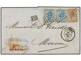 56 BELGICA. Of.18 (2), 19. 1867. ANVERS To MOSCOW (Russia). Entire Letter Franked With Two <B>20 Cts.</B> Blue Stamps An - Andere & Zonder Classificatie