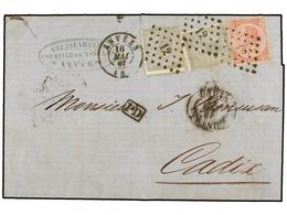 58 BELGICA. Of.17 (2), 20. 1867. ANVERS To CADIZ (Spain). Entire Letter Franked With Two <B>10 Cts.</B> Grey And <B>40 C - Altri & Non Classificati