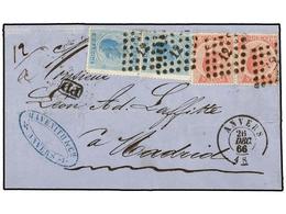 59 BELGICA. Of.18 (2), 20 (2). 1866. ANVERS To MADRID (Spain). Folded Letter Franked With Two <B>20 Cts.</B> Blue And Tw - Altri & Non Classificati