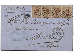 60 BELGICA. Of.19 (4). 1868. ANVERS To BILBAO (Spain). Folded Letter Franked With Four <B>30 Cts.</B> Brown Stamps, Tied - Altri & Non Classificati