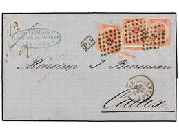 61 BELGICA. Of.20 (3). 1867. ANVERS To CADIZ. Entire Letter Franked With Three <B>40 Cts.</B> Rose Stamps, Tied By <B>12 - Altri & Non Classificati