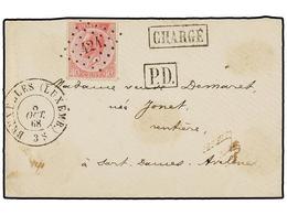 67 BELGICA. Of.20. 1868. BRUXELLES To MARBAIS. Envelope Franked With <B>40 Cts.</B> Rose Stamp, Tied By <B>424 Grill</B> - Andere & Zonder Classificatie