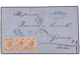 71 BELGICA. Of.20 (3). 1869. VERVIERS To GENOVA (Italy). Folded Letter Franked With Three <B>40 Cts.</B> Rose Stamps, Ti - Altri & Non Classificati