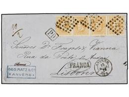 86 BELGICA. Of.33 (4). 1872. ANVERS To LISBOA (Portugal). Entire Letter Franking With Strip Of Four <B>30 Cts.</B> Ocre  - Altri & Non Classificati