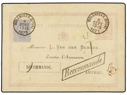 90 BELGICA. Of.31. 1873. MOLEMBEEK To ANVERS. <B>5 Cts.</B> Lilac Postal Stationery Card Uprated With <B>20 Cts.</B> Blu - Autres & Non Classés