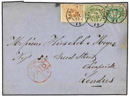 99 BELGICA. Of.28, 30, 30a. 1877. GAND To LONDON (Great Britain). Folded Letter Franked With <B>10 Cts.</B> Green, <B>10 - Andere & Zonder Classificatie