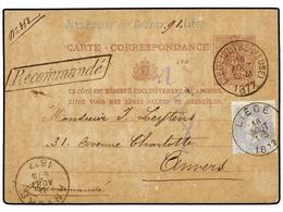 101 BELGICA. Of.31. 1877. LIEGE To ANVERS. <B>5 Cts.</B> Lilac Postal Stationery Card Uprated With <B>20 Cts.</B> Blue S - Autres & Non Classés