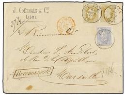 102 BELGICA. Of.31, 32 (2). 1877. LIEGE To FRANCE. Envelope Franked With <B>20 Cts. </B>blue And Two <B>25 Cts.</B> Oliv - Altri & Non Classificati