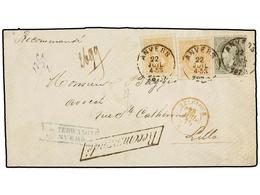 104 BELGICA. Of.33 (2), 35. 1875. ANVERS To LILLE (France). Envelope Franked With Two <B>30 Cts.</B> Ocre And <B>50 Cts. - Other & Unclassified
