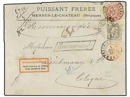 112 BELGICA. Of.28, 33, 34. 1876. MERBES LE CHATEAU To COLOGNE (Germany). Envelope Franked With <B>5 Cts.</B> Ocre, <B>4 - Andere & Zonder Classificatie