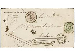 122 BELGICA. Of.30, 36. 1875. ARLO To FRANCE. Envelope Franked With <B>10 Cts.</B> Green And <B>1 Fr.</B> Lilac Stamps.  - Other & Unclassified