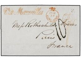 160 CHINA. 1854 (July 21). SHANGHAI To FRANCE. Entire Letter Red <B>PAID/AT/HONG-KONG</B> And Spectacular Straight <B>VI - Altri & Non Classificati