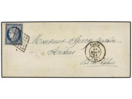 246 FRANCIA. Yv.4. 1851. PARÍS A CALAIS. <B>25 Cts.</B> Azul En Sobre Ornamentado En Relieve. Precioso Y Muy Raro Sobre  - Other & Unclassified