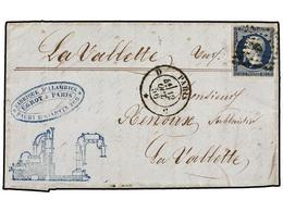 254 FRANCIA. Yv.14. 1856. PARÍS A LA VALLETTE. <B>20 Cts.</B> Azul, Envuelta Con Tampón Comercial En El Exterior <B>FABR - Autres & Non Classés