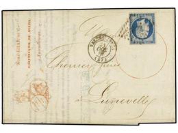 255 FRANCIA. Yv.14. 1857. VALENCIENNES A LUMEVILLE.<B> 20 Cts.</B> Azul Sobre Envuelta-formula Con Publicidad Impresa<B> - Andere & Zonder Classificatie