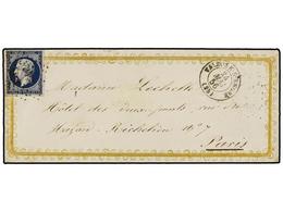 259 FRANCIA. Yv.14. 1856. VALENCE S. RHONE A PARÍS. <B>20 Cts.</B> Azul. Sobre Con Ornamentación En Relieve Y Oro Impres - Altri & Non Classificati