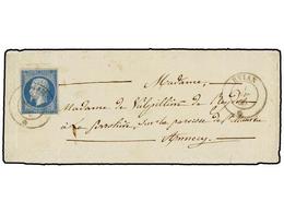 264 FRANCIA. Yv.14. 1860. EVIAN A ANNECY. <B>20 Cts.</B> Azul Matasellos <B>EVIAN/*</B> (Savoie) En Sobre Ornamentado En - Altri & Non Classificati