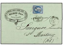 274 FRANCIA. Yv.22. 1867. TOULOUSE A ST. MARTORY. <B>20 Cts.</B> Azul, Envuelta Con Publicidad Impresa <B>ENTREPÔT DE FR - Autres & Non Classés