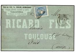 278 FRANCIA. Yv.45. 1870. TOULOUSE A FOIX. <B>20 Cts.</B> Azul, Envuelta Con Publicidad Impresa<B> EAU DE VIE, 3/6, RHUM - Sonstige & Ohne Zuordnung