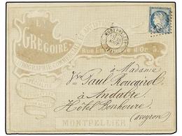284 FRANCIA. Yv.60. 1873. MONTPELLIER A ANDABRE.<B> 25 Cts.</B> Azul, Sobre Con Publicidad Impresa <B>LITHOGRAPHIE COMME - Andere & Zonder Classificatie