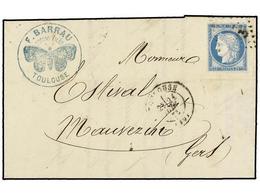 285 FRANCIA. Yv.60. 1873. TOULOUSE A MAUVEZINT. <B>25 Cts.</B> Azul Con Tampón Comercial <B>F. BARRAU/COTONS FILES/TOULO - Other & Unclassified