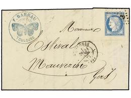 285 FRANCIA. Yv.60. 1873. TOULOUSE A MAUVEZINT. <B>25 Cts.</B> Azul Con Tampón Comercial <B>F. BARRAU/COTONS FILES/TOULO - Autres & Non Classés