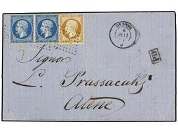 302 LEVANTE: CORREO FRANCES. 1861. SMYRNE A ATENAS. <B>10 Cts.</B> Bistre Y <B>20 Cts.</B> Azul (2) (Yv. 13, 14) Mat. <B - Andere & Zonder Classificatie