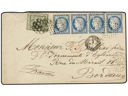 362 URUGUAY. 1874. MONTEVIDEO A FRANCIA. <B>10 Cts.</B> Verde Y Cuatro Sellos Franceses De <B>25 Cts.</B> Azul, Mat. <B> - Other & Unclassified