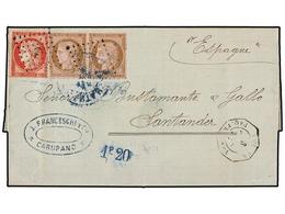 364 VENEZUELA. 1876 (3 Abril). CARUPANO (Venezuela) A SANTANDER (España). Circulada Con Sellos De Francia De <B>10 Cts.< - Other & Unclassified