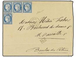 384 SINGAPUR. 1872. SINGAPUR To FRANCE. Envelope Franked With Four French Stamps Of <B>25 Cts.</B> Blue (perforations Cu - Other & Unclassified