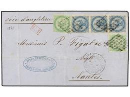 405 GUADALUPE. 1871. POINTE A PITRE A FRANCIA. <B>5 Cts.</B> Verde (2) Y <B>20 Cts.</B> Azul, Tira De Tres, Mat.<B> ROMB - Other & Unclassified