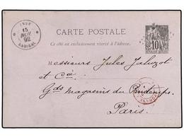 414 INDIA. 1892 (Nov 15). Colonies <B>10c.</B> Grey-black On Pale Lilac Postal Stationery Card Used To PARIS Cancelled B - Andere & Zonder Classificatie