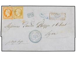 420 LEVANTE: CORREO FRANCES. 1857. TREBIZONDE A LYON. <B>10 Cts.</B> Bistre Y <B>40 Cts.</B> Naranja. Mat. Numeral <B>40 - Altri & Non Classificati