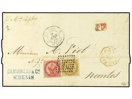 441 REUNION. 1859-65. <B>10 C.</B> Bister + <B>80 C.</B> Carmine Rose, Tied By Bold Dotted Lozenge Cancel On An 1870 Fol - Other & Unclassified