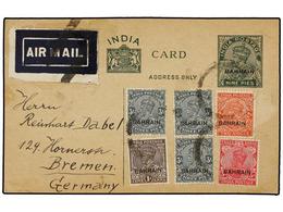 495 BAHRAIN. 1937. BAHRAIN To GERMANY. <B>9 Pies</B> Green Postal Stationary Card Uprated With <B>3 P.</B> (3), <B>1 A.< - Other & Unclassified