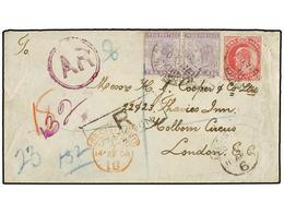 502 BIRMANIA. 1903. RANGOON To LONDON. Envelope Franked With India One<B> Anna</B> Red And Two <B>2 Annas</B> Lilac. Reg - Autres & Non Classés
