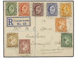 512 FALKLAND. Sg.16, 26, 35, 38, 43, 47, 50, 52, 54. 1909. FALKLAND To GREAT BRITAIN. Spectacular Franking. Registered C - Andere & Zonder Classificatie