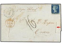 523 GIBRALTAR. 1858. GIBRALTAR A ORAN (Argelia), <B>2 D.</B> Azul, Mat. <B>'G'</B>, Manuscrito <I>'Vapor Blidah'.</I> Fe - Autres & Non Classés