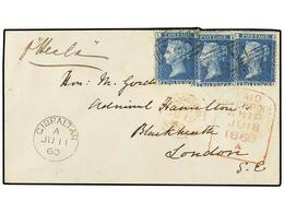 524 GIBRALTAR. 1860 (11 June). GIBRALTAR To LONDON. Envelope Franked With Three<B> 2 P.</B> Blue Cancelled By <B>A 26</B - Altri & Non Classificati